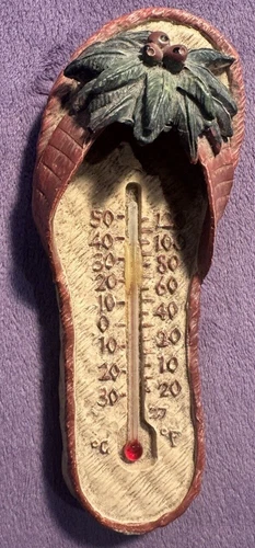 Thermometer Brown Palm Flip Flop with Flower Small Wall Hanging Porch Vintage
