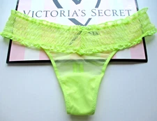 VICTORIA'S SECRET Smocked Lace Thong Panty VS Lime Green S M Ruffle Mesh NWT