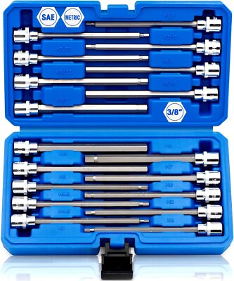 18Pcs 3/8'' Drive Extra Long Allen Hex Bit Socket Set SAE Metric for Tight Spots