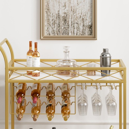 2 Tier Bar Cart Home Bar Drink Serving Cart with 4 Wheels for Kitchen - Picture 12 of 16