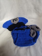 Infant Baby Crocheted Police Diaper Cover And Hat For Picture Taking C4 