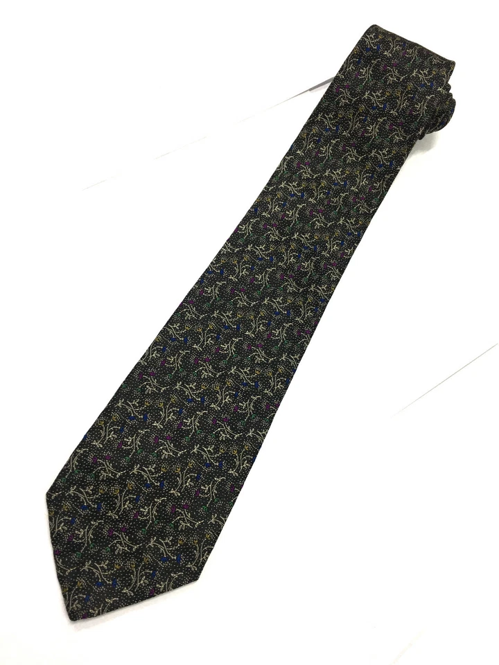 Auténtica corbata ENRICO COVERI diseño de árbol de flores en negro plata 100 % seda Foto 3 de 4