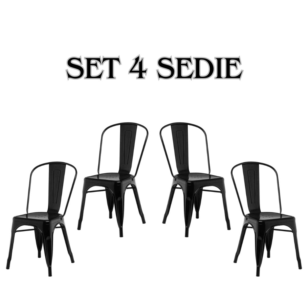 Set 8 Sedie Da Pranzo Impilabili In Metallo - Design Industriale Vintage, Per Interni Ed Esterni, Colore Nero