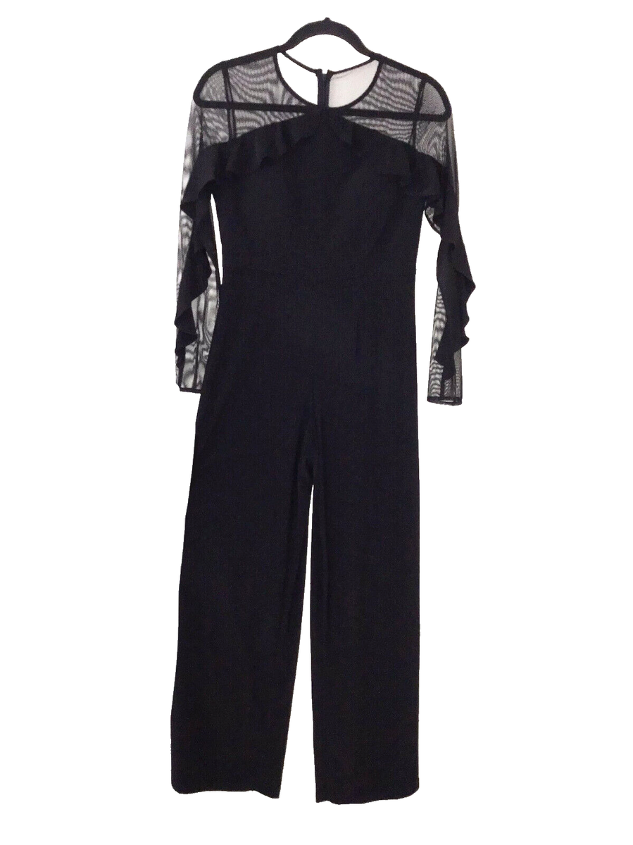 R&M Richards Womens Black One Piece Jumpsuit Size 4P Mesh & Ruffle 