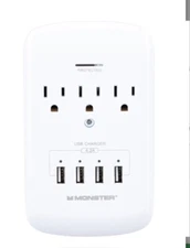 Monster Essentials Power Wall Tap Surge Protector, 3 Outlets +4 USB Ports White