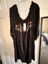Feathers Women's Black Embroidered 3/4 Sleeve Ruffled Neck Dress Size 3X