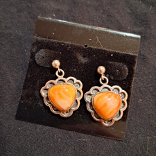 Vintage Sterling Silver Orange Spiny oyster Dangle Earrings
