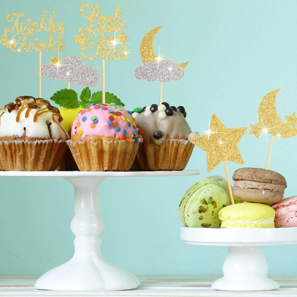 48 Piezas Brillo Pequeña Estrella Cupcake Toppers Luna Nube Cupcake Picks Twin Foto 2 de 2