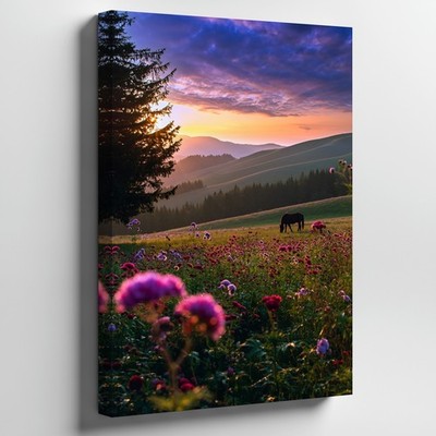 Wall Art Serene Landscape At Twilight Featuring A Solitary Horse Grazing In A