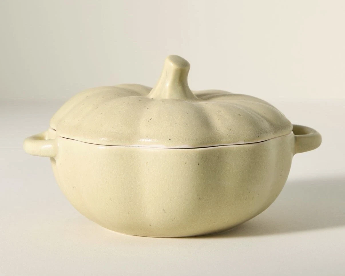 NEW ANTHROPOLOGIE SPECKLED PUMPKIN COCOTTE BAKING DISH GRATIN WITH LID 2PC SET