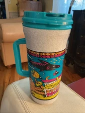 VTG 90s Dunkin Donuts 32oz Insulated Travel Tumbler Fish Sea MISSING TAB & STRAW