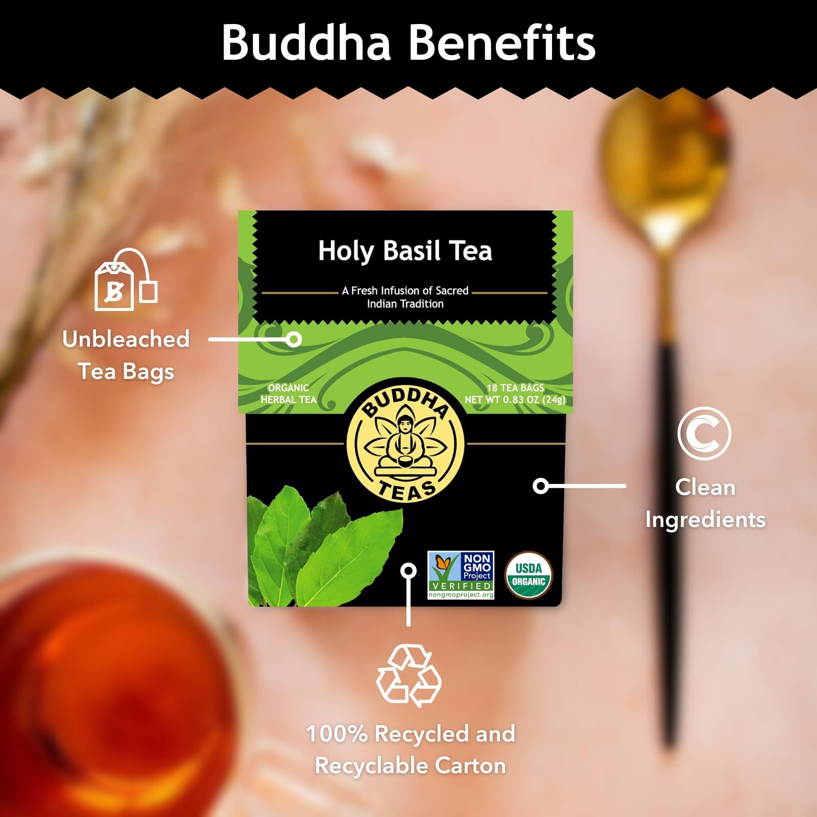 Buddha Teas Holy Basil Organic Herbal Tea 18 Tea Bags