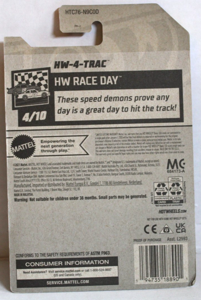 Hot Wheels HW-4-Trac (Red, Black & White) 4/10 HW Race Day - 2024-101/250 (Short Card) - COMES IN A GENUINE KLAS CAR KEEPER PROTECTOR CASE - HTC76