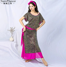 Women Belly Dance Sequin Chiffon Dress Pink Skirt Gold baladi