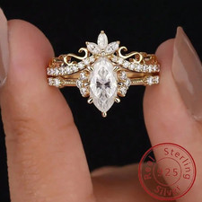 Women Fashion 925 Sterling Silver Marquise CZ Gold Ring Set Wedding Jewelry Band