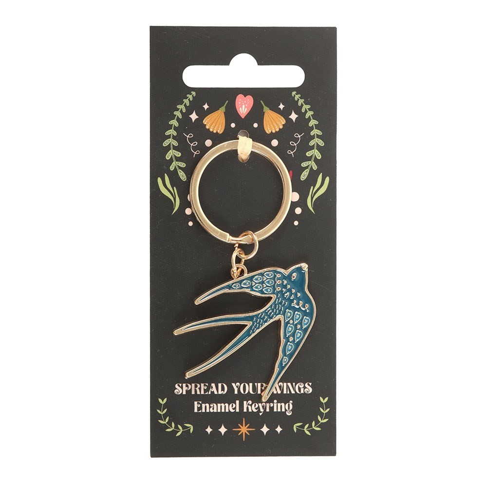 Blue Swallow Enamel & Metal Keyring Keychain Spread Your Wings Folk Art