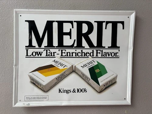 Vintage Metal Tin Merit Cigarette Sign Tobacco Cigarettes Advertising