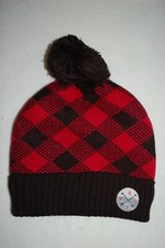 Boys RED BLACK CHECKERED PLAID WINTER HAT Fleece Lined 3M THINSULATE Cuffed, Pom