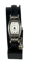 Geneva Elite Women's Watch Silver tone Scroll Bezel Charm Blk Band New Battery