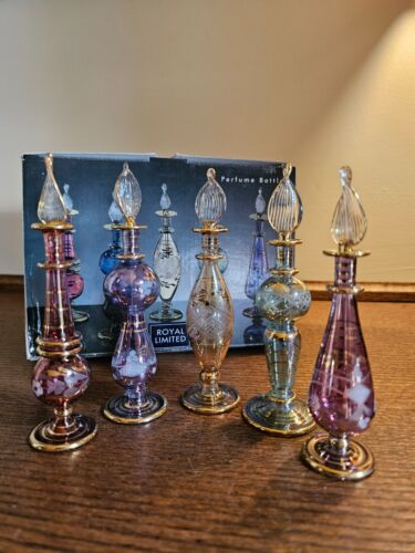 Vintage 5 Perfume Bottles Royal Limited Blown Glass Etched Egypt - Picture 1 of 23