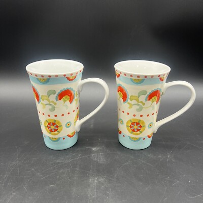 Pair 222 Fifth Latte Mugs Karen Floral 6 3/8 Tall Ceramic Blue Red Yellow  | eBay