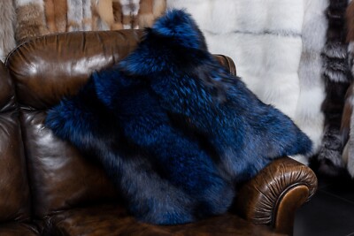 1870 Real Fur Silver Fox Pillow in royal blue Genuine Pelt Cushion Real Fox Fur