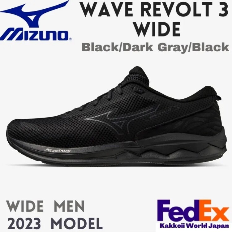 Mizuno Zapatos para Correr WAVE REVOLT 3 ANCHO Negro/Gris Oscuro J1GC2385 01 2023 ¡NUEVOS!