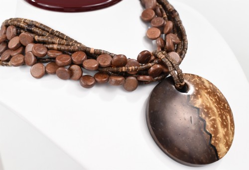 Silver Plate Multi-Strand Wood & Glass Bead Necklace w/ Wood Pendant 18-22" - Picture 5 of 14