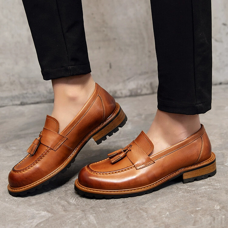 Retro Slip On Loafers Casual Tassels Dress Real Suede Leather Mens Shoes  British