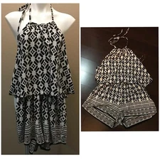 Sleeveless Halter w Attached Romper Shorts Black & White From Blue Blush Sz S