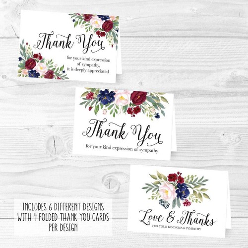 24 Navy Burgundy Floral Sympathy Thank You Cards With Envelopes, Bereavement ... - Picture 5 of 7