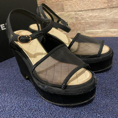 CHANEL Mules Sandals Heel CC Logo mesh Black EU34/US4