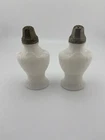 Vintage White Antique Milk Glass Molded Silver Cap Salt & Pepper Shakers