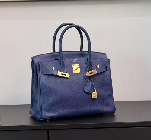 AUTH Hermès Birkin 30 Bleu Encre Leather Gold Hardware Top Handle Bag