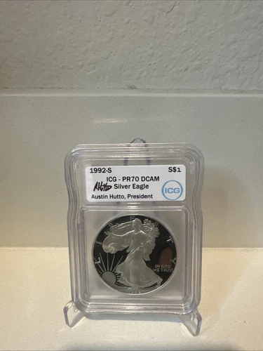 1992 S $1 PROOF AMERICAN SILVER EAGLE ICG PR 70 DCAM OWNER AUSTIN HUTTO SIGNED