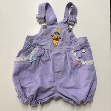 Vintage Winnie The Pooh Purple Denim Bubble Overalls Size 12M Disney Lace Ribbon