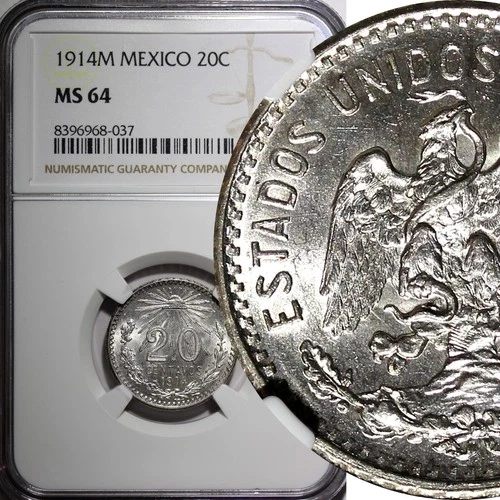 MEXICO Silver 1914 M 20 Centavos Radiant liberty cap NGC MS64 KM# 435 (37)
