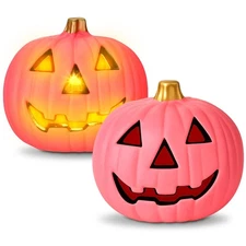 2 Pack Plastic Jack O Lantern Pumpkins Pink Halloween Light up Pumpkin Decora...