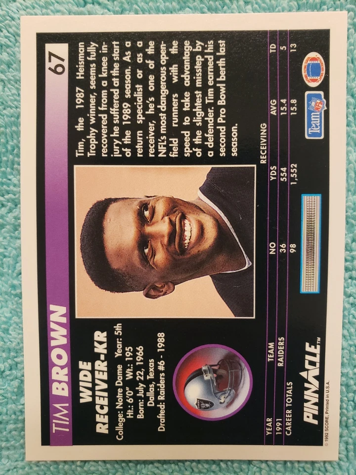 1992 PINNACLE TIM BROWN #67 LOS ANGELES RAIDERS  - Image 3 of 4
