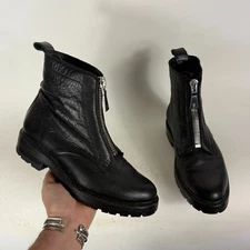 Frye Julie Combat Boots Women's 7 Black Leather Front Zip Round Toe Block Heel