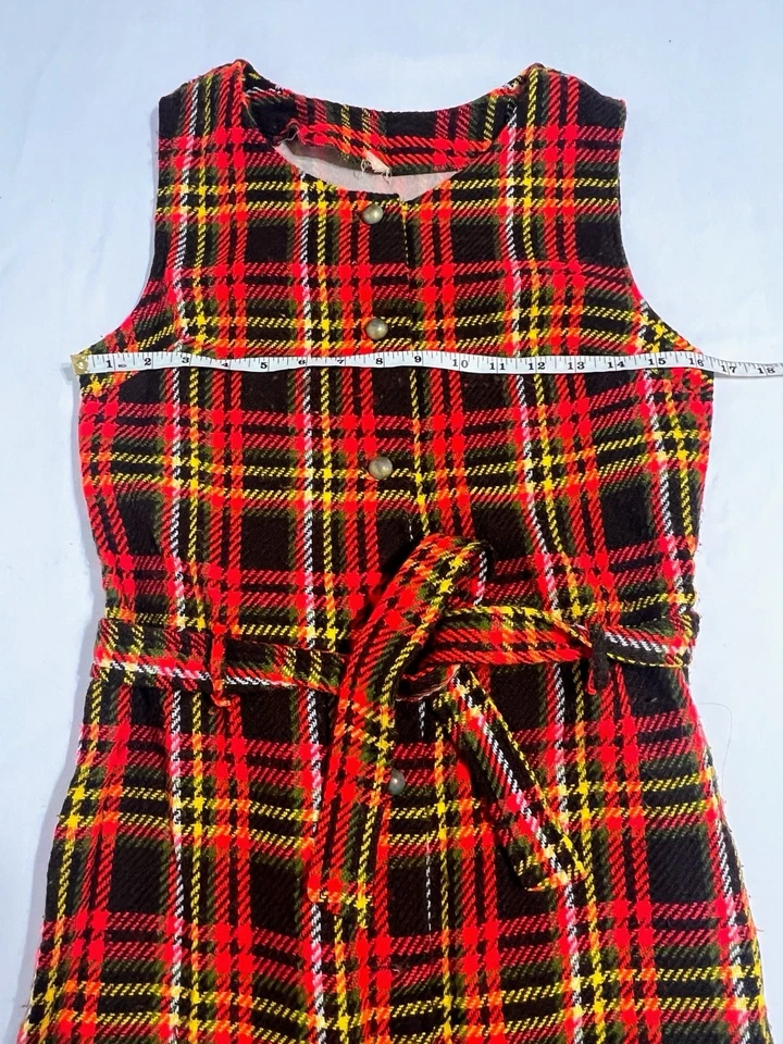 Handmade 60s 70s Vintage Wool Dress Belted Strapless Plaid Red Orange Rare Find - Image 3 of 4