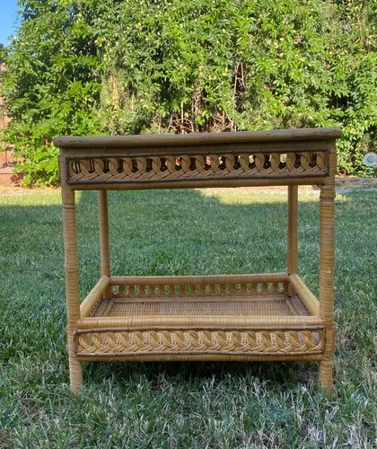 Vtg Boho Wicker Rattan Natural Bar Cart 2 Tier Table Book/ Plant Bamboo Stand