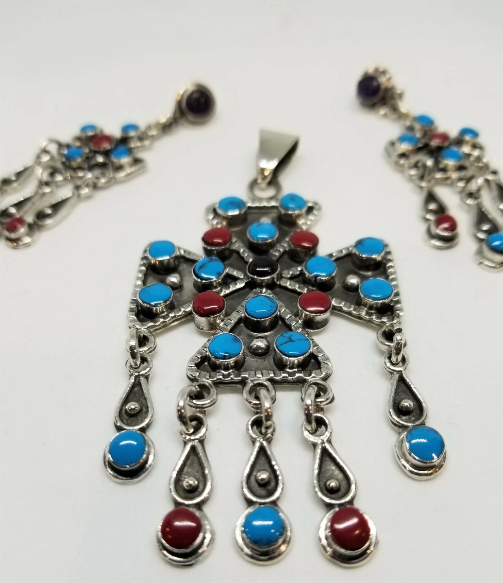 Mexican Jewellery .925 Silver Turquoise and Coral Earrings