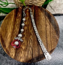 5" Handmade Silver-tone Etched Metal Hook Bookmark Beaded Charm Angel 55