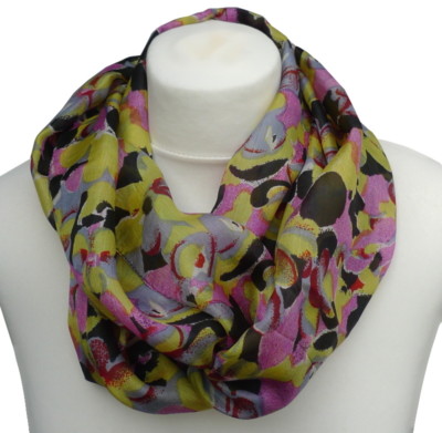 luftiger Damen Loop Schal Rundschal Blumen 100% Seide rosa gelb schwarz 832 L