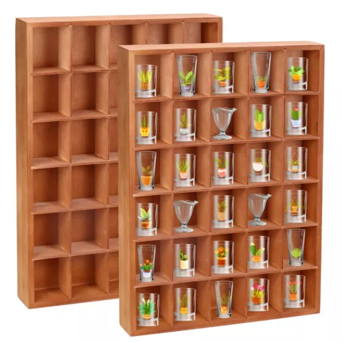 2 Pcs Shot Glass Display Case Brown Wooden Shot Glass Holder Display Wall Mounte