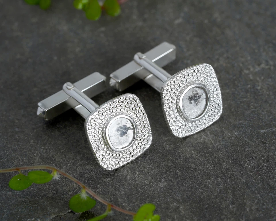 Natural Diamond Slice Cufflinks in Sterling Silver, Unique Gemstone Cufflink New - Image 2 of 3