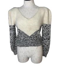 Vintage Sweater Womens Size Small Cream Angora Mixed Knit Puff Sleeve V Neck