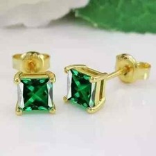 Lab-Created Green Emerald 3Ct Princess Cut Stud Earrings 14K Yellow Gold Plated