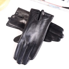 Women  s Real Leather Winter Warm Wrist Button Casual Black Touch Screen Gloves